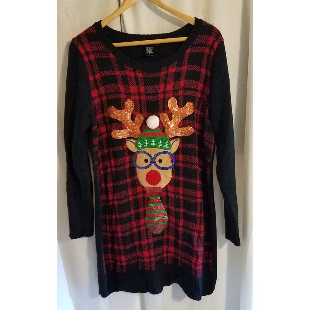 United States Sweaters Embellished Metallic‎ Reindeer Glasses Belles Ugly XL
